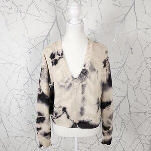 John + Jenn Beige Tie Dye Cotton Knit V-Neck Cropped Sweater